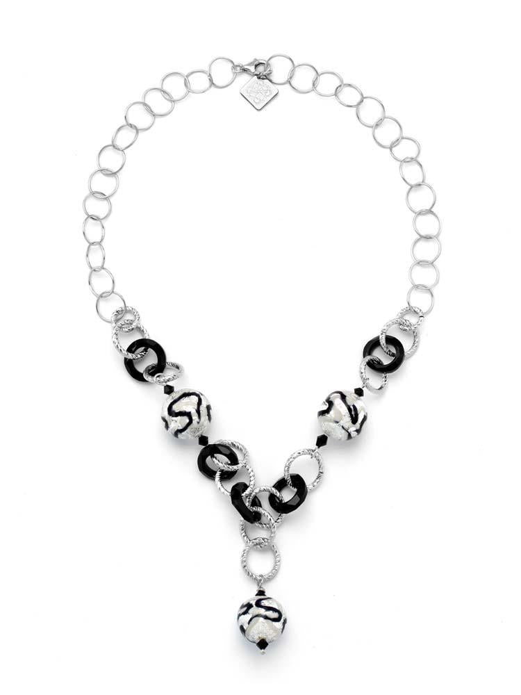 Collana Lina con cristalli Cosmic Ring- perle In Vetro di Murano - Colore Argento e Nero - Rebollo srl