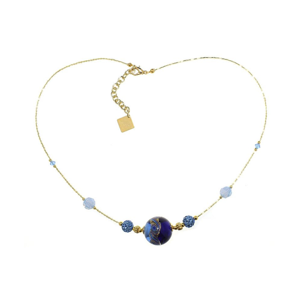 Collana Alpan in cristalli e sfera strass e Perla Vetro Murano - Colore Blu - Rebollo srl