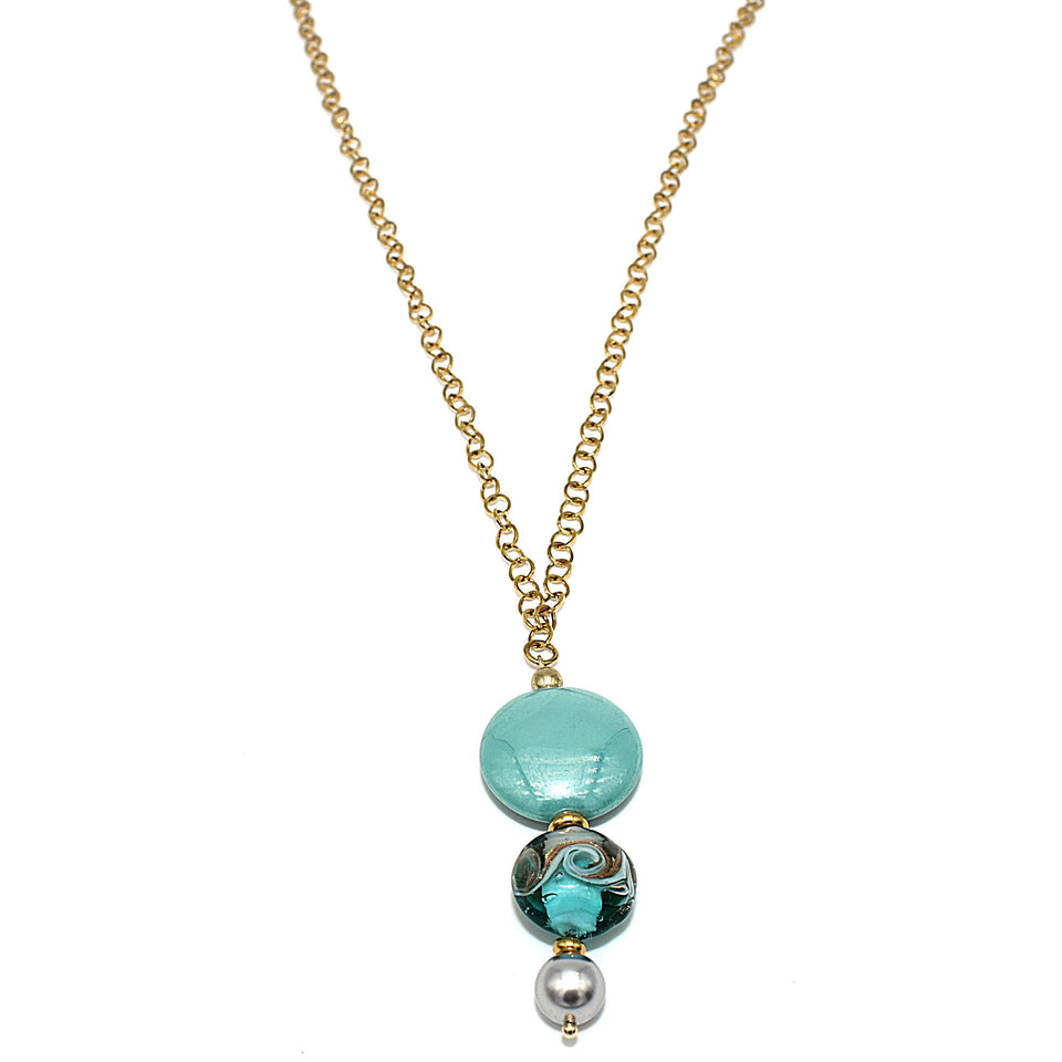 Collana Spazio Infinito in cristallo perlato e vetro di Murano - Colore gradazione Azzurro - Metallo placcatura oro