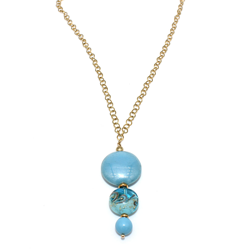 Collana Spazio Infinito in cristallo perlato e vetro di Murano - Colore gradazione Turchese - Metallo placcatura oro