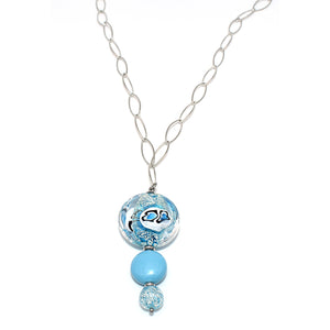 Collana Infinito Spazio in cristallo perlato e vetro di Murano - Colore gradazione Azzurra - Metallo placcatura rodio