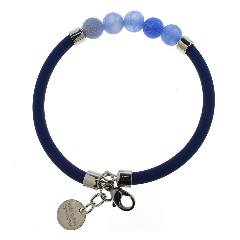 Bracciale Uomo in PVC Caucciu con Perle in Pietre Naturali di Cenere Blu Satinata - Colore Blu - Rebollo srl